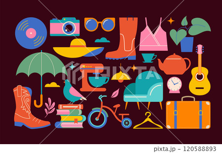 Collection of different home goods. Flea market, Garage sale, stickers, icons, elements 120588893