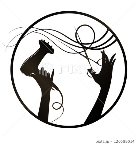 Scissors and hair dryer in the hands of a stylist. Round badge with edge Scissors and hair dryer in the hands of a stylist. Round badge with edge 120589014