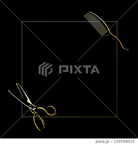 Scissors and comb in gold square 120589025