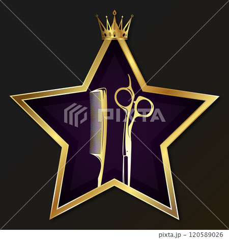 Scissors and comb in the star symbol with crown 120589026