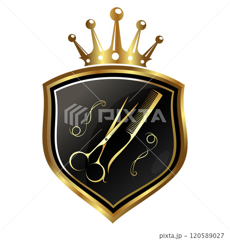 Scissors and comb on shield with crown 120589027