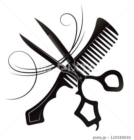 Scissors and comb with curl of hair 120589030