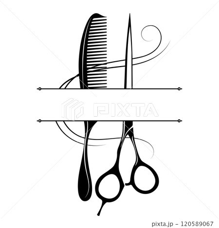 Scissors comb and curl of hair, beauty salon banner sign 120589067