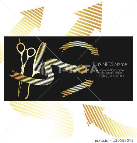 Scissors comb and golden arrow, business card of beauty salon and hair stylist 120589072