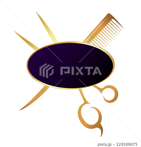 Scissors comb and golden oval frame 120589075