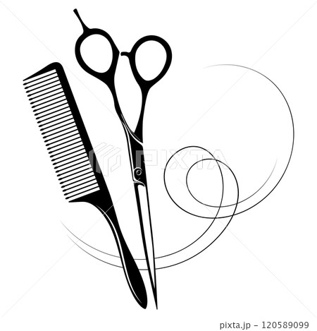 Scissors comb and beautiful curl of hair design 120589099