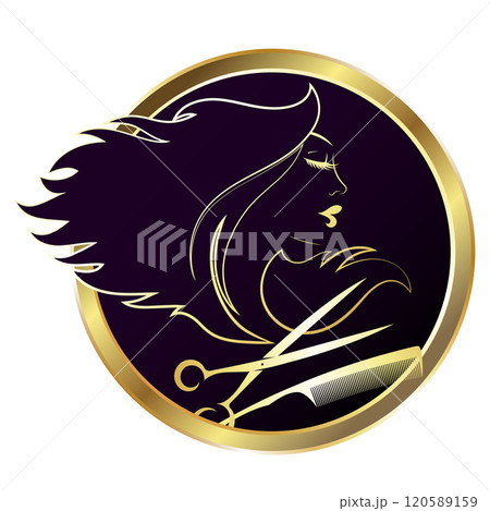 Scissors comb girl with curls of hair. Round shield with golden edge 120589159