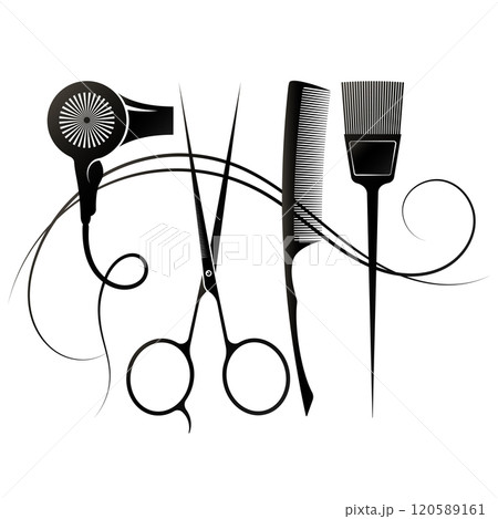 Scissors comb hair dryer and brush, hairdresser symbol Scissors comb hair dryer and brush, hairdresser symbol 120589161
