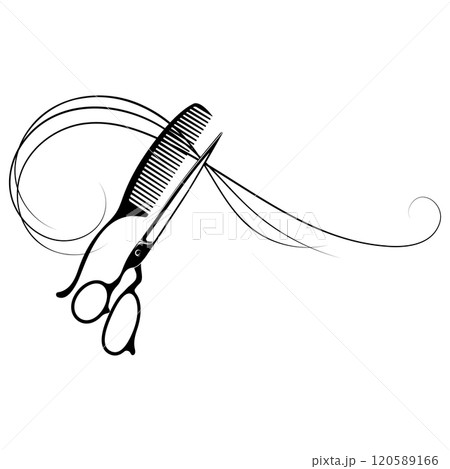 Scissors comb stylist and curly lock of hair 120589166