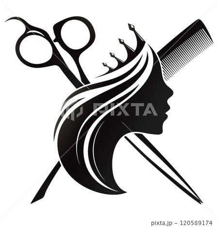 Scissors comb and silhouette of a girl with a crown 120589174