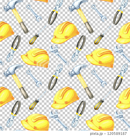 Yellow hard hats, silver wrenches, and bolts in a seamless watercolor clipart pattern. This illustration is ideal for construction-themed designs, gift wrap, and textile products 120589187
