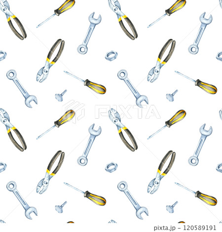 A watercolor illustration featuring yellow and black screwdrivers, silver wrenches, and pliers in a seamless pattern. Perfect for tool-themed merchandise, textile prints, and digital designs. 120589191