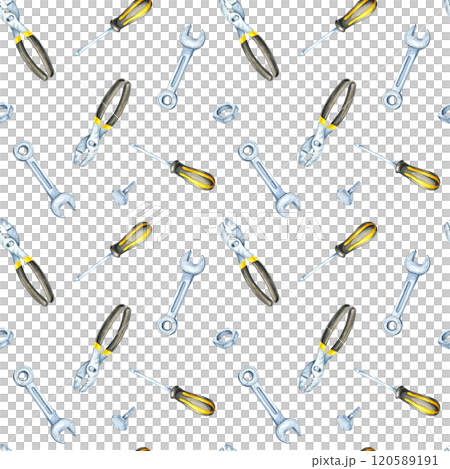 A watercolor illustration featuring yellow and black screwdrivers, silver wrenches, and pliers in a seamless pattern. Perfect for tool-themed merchandise, textile prints, and digital designs. 120589191