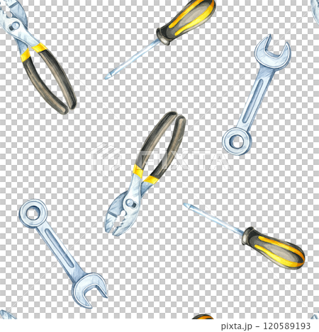 Yellow and black screwdrivers, silver wrenches, and pliers in a watercolor clipart seamless pattern. Perfect for product packaging, apparel, and backgrounds in DIY or tool-related designs Yellow and black screwdrivers, silver wrenches, and pliers in a watercolor clipart seamless pattern. Perfect for product packaging, apparel, and backgrounds in DIY or tool-related designs 120589193