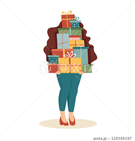 Woman holding multiple colorful gift boxes. Holiday shopping Woman holding multiple colorful gift boxes. Holiday shopping 120589197