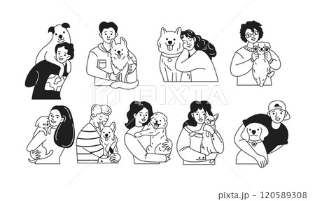 Happy pet owners hugging dogs linear icons collection Happy pet owners hugging dogs linear icons collection 120589308