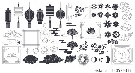Chinese culture symbols and frames linear glyph icons 120589313