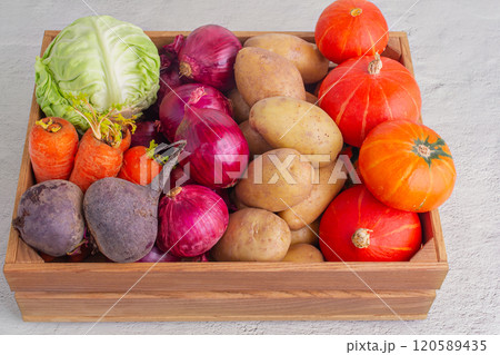 Vegetables in a wooden box: cabbage, beets, onions, pumpkins, potatoes and carrots. Vegetables in a wooden box: cabbage, beets, onions, pumpkins, potatoes and carrots. 120589435