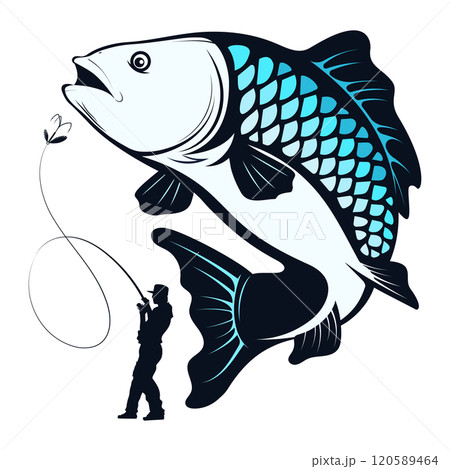 Catching a big fish and a fisherman with a fishing rod Catching a big fish and a fisherman with a fishing rod 120589464