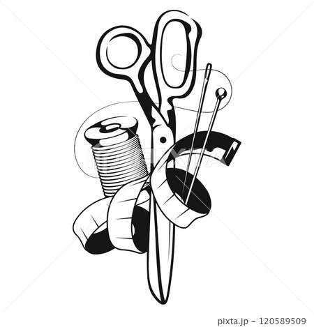 Scissors, needle, spool of thread and meter Scissors, needle, spool of thread and meter 120589509