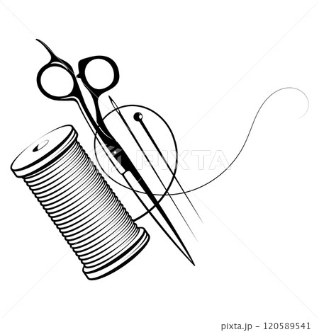 Scissors spool of thread and sewing needle. Design for sewing 120589541