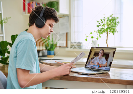 Young male on online therapy with psychologist, psychotherapist Young male on online therapy with psychologist, psychotherapist 120589591