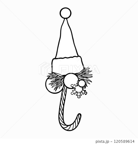 Vector New Year's tree toy. Santa's hat with fir branches and Christmas tree balls and striped candy cane painted by black inks. Christmas illustration in line art style. Graphics outline new year toy Vector New Year's tree toy. Santa's hat with fir branches and Christmas tree balls and striped candy cane painted by black inks. Christmas illustration in line art style. Graphics outline new year toy 120589614