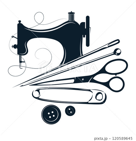 Sewing machine, needle, spool of thread and buttons 120589645
