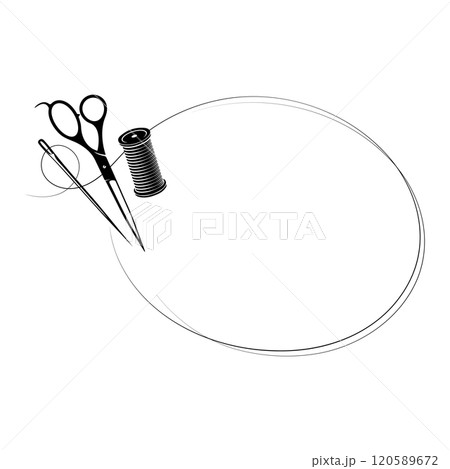 Sign frame with needle and thread, scissors and spool Sign frame with needle and thread, scissors and spool 120589672