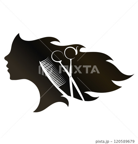 Silhouette of a girl face with a haircut, scissors and a comb 120589679