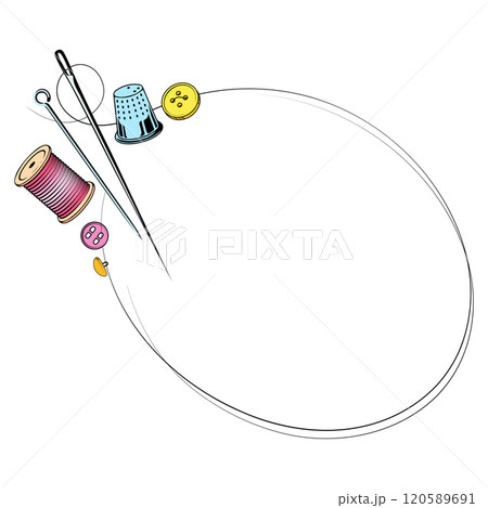 Sign frame sewing and cutting, scissors needle buttons spool of thread Sign frame sewing and cutting, scissors needle buttons spool of thread 120589691
