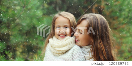 Portrait of happy joyful mother and little girl child together laughing near Christmas tree 120589752