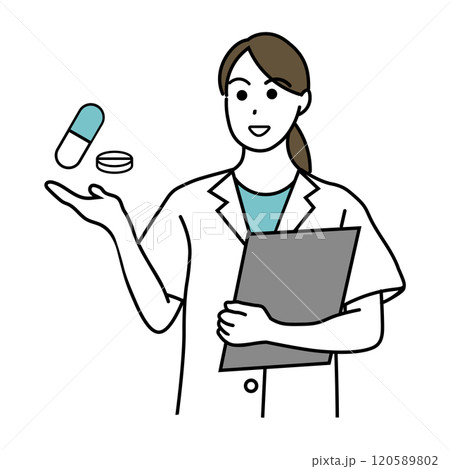 薬剤と書類を持つ女性薬剤師のイラスト 120589802