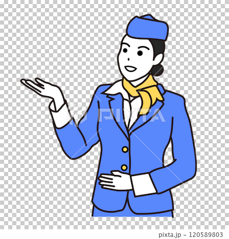 フライトアテンダントの案内ポーズをする女性のイラスト フライトアテンダントの案内ポーズをする女性のイラスト 120589803