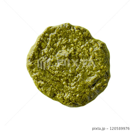 Puddle of pesto sauce dressing or pesto spot isolated on white background.Top view Puddle of pesto sauce dressing or pesto spot isolated on white background.Top view 120589976