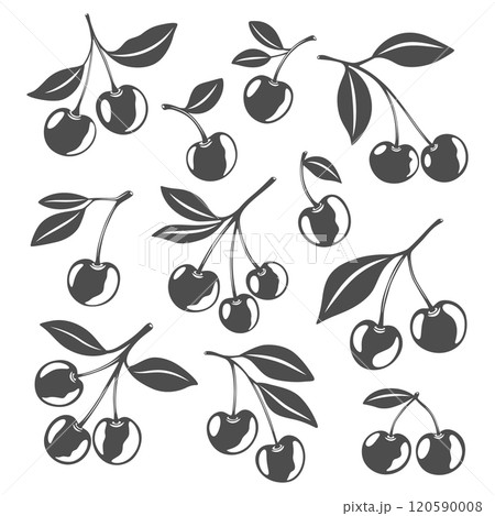 Cute Cartoon Silhouette Monochrome Cutout Cherry Icon Set. Single, Pair of Cherries and Cluster of Cherries with Leaves Clipart. Cherry Art, Design Template, Vector Illustration 120590008