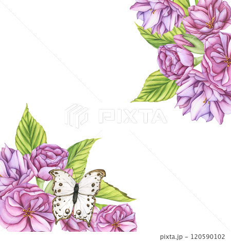 Watercolor frame with Pink Flowers. Banner template with cherry blossoms. Japanese Sakura flowers in spring. Floral Template for postcards for Valentine's Day, Women's Day and wedding design 120590102