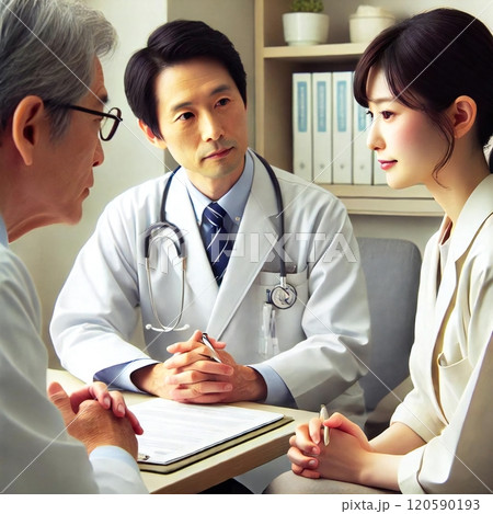 医師と看護師が協力して患者に対するサポートを提供し、安心感を与えている場面 120590193