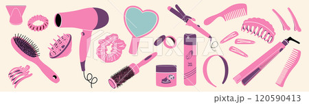 Pink hair accessories and tools. Hair care and beauty. Pink hair accessories and tools. Hair care and beauty. 120590413
