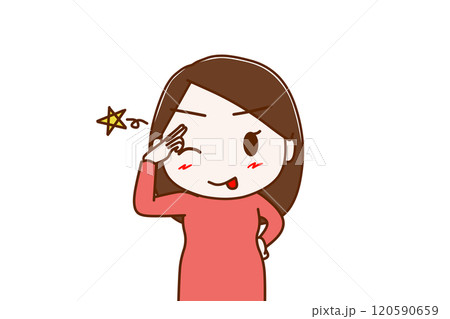 （上半身正面）ウインクしながらぺろっと舌を出し陽気に笑顔で挨拶する女性 120590659