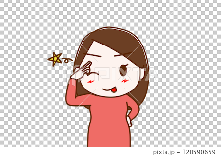 （上半身正面）ウインクしながらぺろっと舌を出し陽気に笑顔で挨拶する女性 120590659