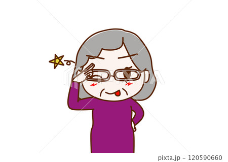 （上半身正面）ウインクしながらぺろっと舌を出し陽気に笑顔で挨拶する高齢の女性 120590660