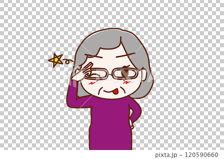 (上半身正面)一位老婦人帶著愉快的微笑、眨著眼睛向你打招呼,並伸出舌頭。 (上半身正面)一位老婦人帶著愉快的微笑、眨著眼睛向你打招呼,並伸出舌頭。 120590660