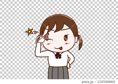 (上半身正面)一位女學生眨著眼睛,伸出舌頭,露出愉快的微笑打招呼。 (上半身正面)一位女學生眨著眼睛,伸出舌頭,露出愉快的微笑打招呼。 120590664