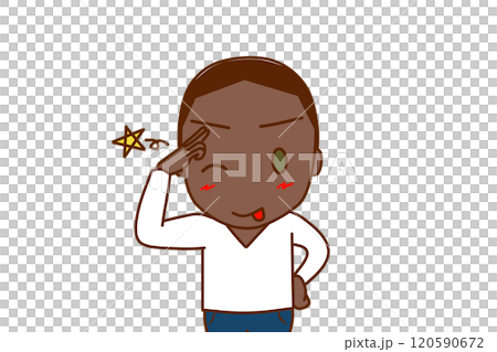 (Front view of upper body) An African-American man winking, sticking out his tongue and greeting with a cheerful smile (Front view of upper body) An African-American man winking, sticking out his tongue and greeting with a cheerful smile 120590672