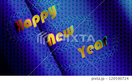 Three congratulatory words: Happy New Year.Golden words on a blue background reminiscent of an open book. 120590724