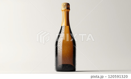 A beautifully chilled bottle of white champagne standing elegantly on a light background A beautifully chilled bottle of white champagne standing elegantly on a light background 120591320