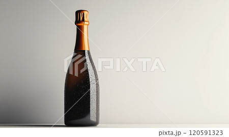 A chilled champagne bottle with condensation on a neutral background in a festive setting 120591323