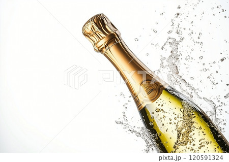 Champagne bottle pops as cork bounces and bubbles splash during celebration event Champagne bottle pops as cork bounces and bubbles splash during celebration event 120591324