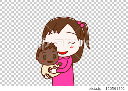 <上半身/正面> 一個快樂的女孩，懷裡抱著一個微笑而快樂的非洲嬰兒 120591392